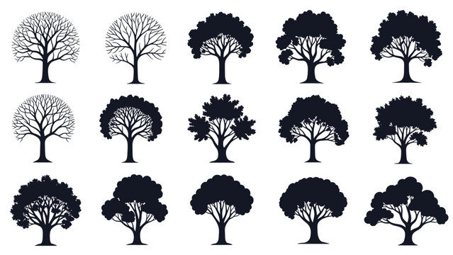 Large set of various tree silhouettes showing different leaf shapes and branching patterns from skeletal to full foliage.