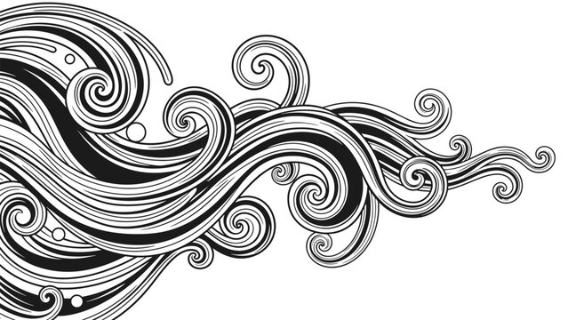 Flowing abstract pattern of black and white swirls and waves reminiscent of ocean currents or wind currents on white.