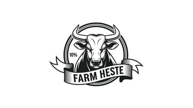 Black and white vintage style logo for Farm Heste featuring a powerful bulls head with horns inside circular frame.