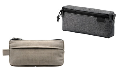 Two rectangular zippered pouches, one grey and the other beige, are displayed on a solid black background. Their design emphasizes minimalism