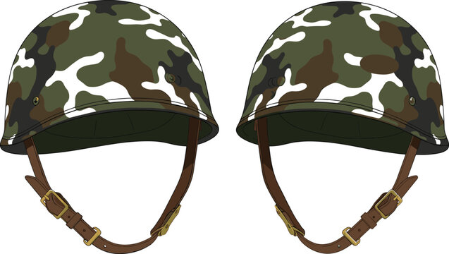 two military combat helmets with camouflage patterns and leather chin straps isolated on a white background for army design