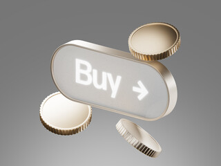 3D buy button with floating coins representing consumer acquisition and high conversion trading strategies