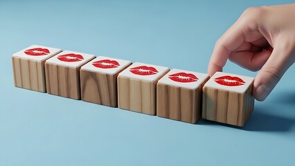 Collection of wooden blocks each marked with a red kiss symbol being arranged by a human hand on a blue background