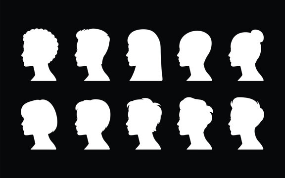 A striking black and white composition showcases a series of silhouetted profiles depicting human heads in varying styles and arrangements high-quality professional detailed modern elegant

