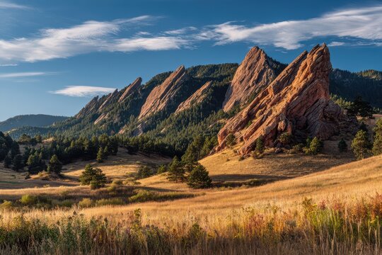 Dramatic Colorado landscape: Flatirons rising above grassy plains at sunrise