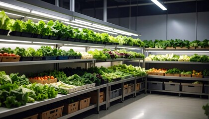 Vibrant Green Lettuce and Fresh Produce Displayed on Shelves Under Bright LED Lights in a Modern Grocery Store Produce Section