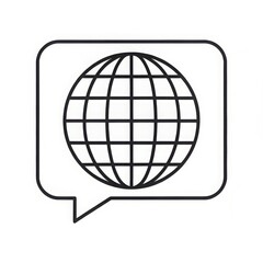 Simple line art icon of a globe within a speech bubble representing global communication