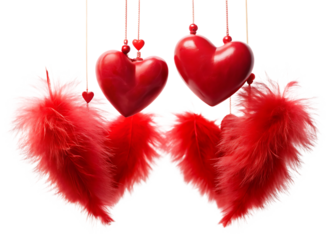 Red hearts and feathers hanging on strings against black background