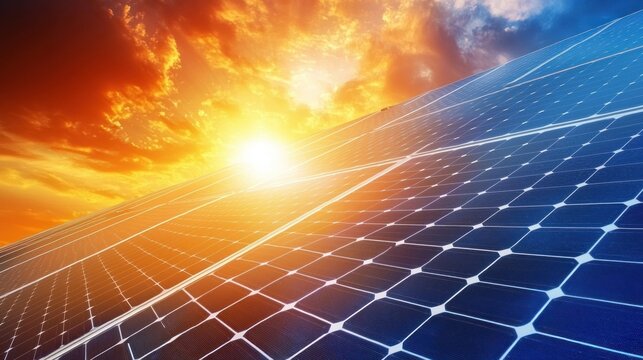 A solar panel array with a vibrant sunset in the background.