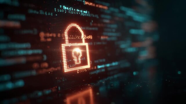 Glowing red digital padlock icon on futuristic computer screen with blurred program code data stream background cybersecurity concept