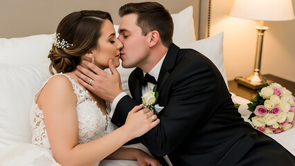 Beautiful couple sharing romantic kiss on bed