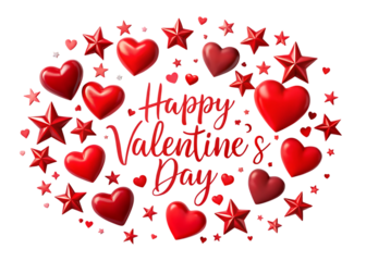 Red hearts and stars on black background with Happy Valentines Day text