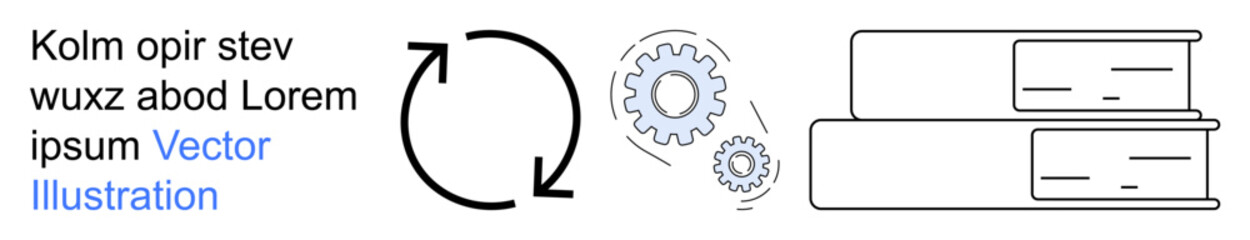 Fototapeta premium Workflow processes, learning, education, automation, knowledge sharing, data organization. Circular arrows, gears and stacked books interconnected systems. Education and workflow processes concept