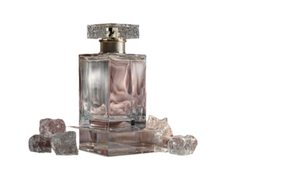 A luxury crystal glass perfume bottle with transparent liquid and spray container isolated on white for cosmetic beauty and fragrance fashion