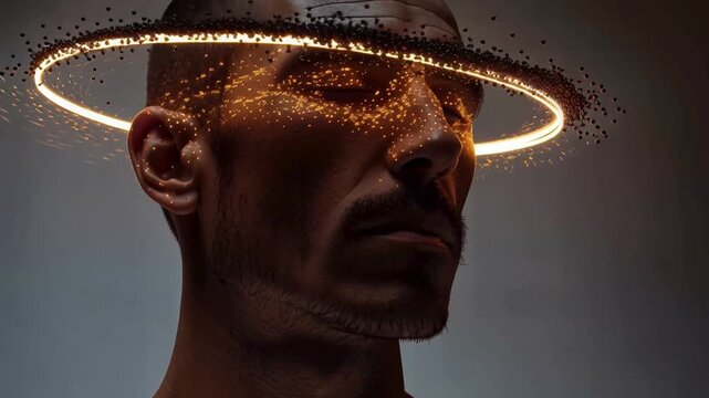 Man with eyes closed and a orbiting cirle of light surrounding his head 
