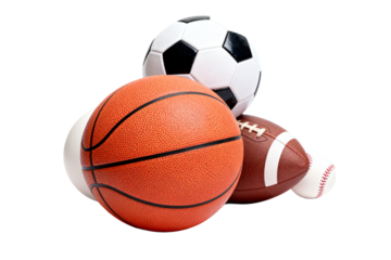 Assortment of sports balls: basketball, soccer, football, baseball