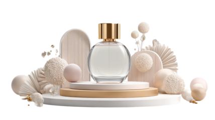 An isolated glass perfume bottle filled with liquid display on white podium exudes luxury and fashion, creating a beautiful scent and aroma for a woman's hygiene and cosmetic care