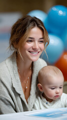 Happy young mother looking at baby son at party celebration