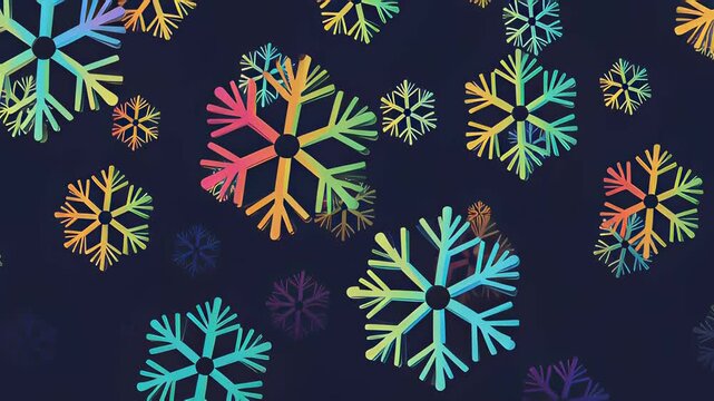 Vibrant colorful snowflakes falling against a dark blue background in a seamless loop animation, ideal for festive Christmas and winter holiday greeting cards.