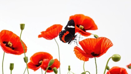 Obraz premium On a white background, a butterfly, spreading its bright wings, is surrounded by bright orange poppies.