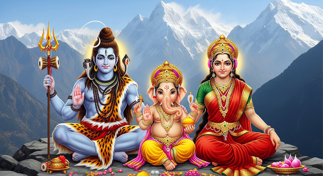 Lord Shiva, Parvati, and Ganesha on Mount Kailash &ndash; Divine Family Portrait | Ganesh Wallpaper HD, Mobile Background, Spiritual Art