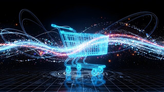 E-commerce shopping cart in a digital data stream. Online retail business and global consumerism. Glowing wireframe trolley moving through a fast light trail network