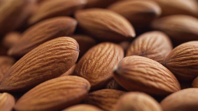Close-up view of a large pile of almonds, showcasing their textured surface and brown color