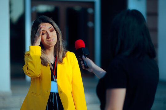 Woman Does Not Know What to Answer to a Reporter in an Interview. Clueless businesswoman feeling cornered by a journalist having no response
  