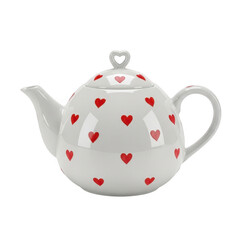 White Ceramic Teapot with Red Hearts Pattern, Kitchenware for Tea Time, Isolated on Transparent Background