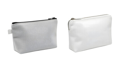 Two zippered cosmetic bags, one light grey, the other pure white, displayed against a stark black background. Simple, minimalist design