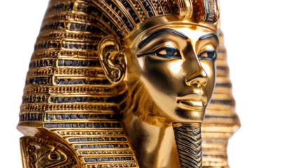 golden ancient Egyptian pharaoh funerary mask sculpture detailed royal headdress historical artifact isolated studio shot on white background