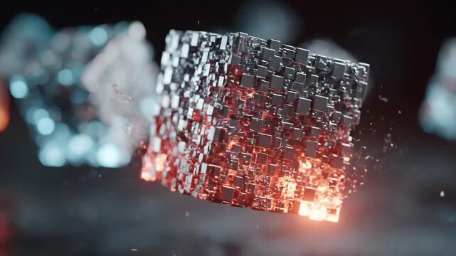 Futuristic sci-fi metal cube structure with glowing orange lights and complex details floating in dark space. Abstract 3D illustration of high-tech blockchain, data processing or quantum computer.