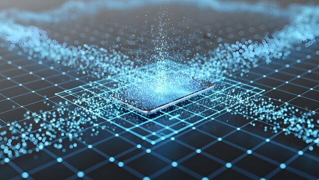 Smart device connectivity and digital data visualization. Wireless internet network and cloud computing. Smartphone resting on a blue glowing grid with floating particle streams