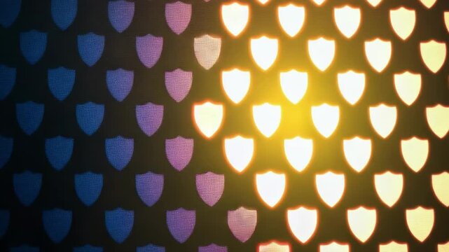 Geometric seamless pattern of glowing colorful digital shield icons on a dark background. One shield stands out in bright gold, symbolizing unique strong protection or leadership