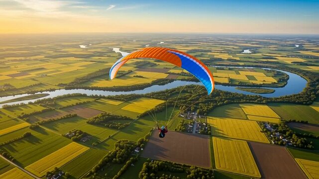 Paraglider Soaring Over Lush Green Fields and Winding River at Sunset.