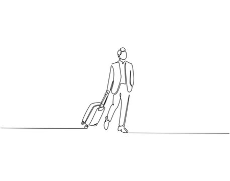 Continuous one line drawing of man holding luggage bag. One line drawing illustration of traveler with suitcase. Traveling, trip concept single line. Editable outline