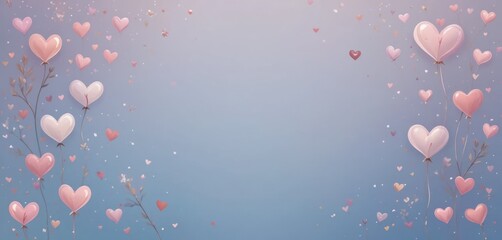 Fototapeta premium Pink and white heart shaped balloons gracefully float on a soft blue lavender background Small hearts and delicate
