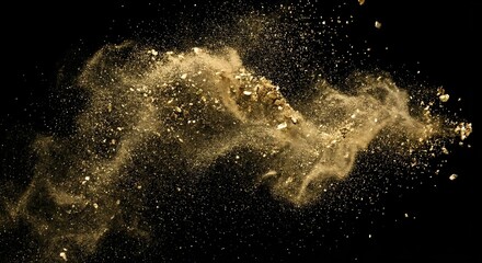 Golden Glitter Dust Explosion on Black Background