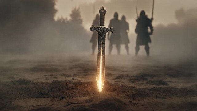 Mystical warriors approach a glowing sword stuck in the ground on a foggy battlefield viewed from behind