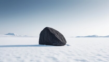 Large dark rock on a vast untouched white snow plain under a clear pale blue sky and distant snowy peaks