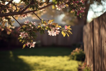 Calm spring setting in a backyard featuring a blooming tree and a rustic wooden fence