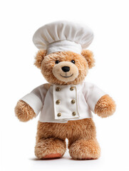 Happy teddy bear chef wearing a chef's jacket and hat toque, isolated on a white background for cutting out