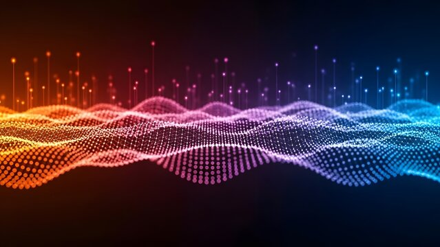 Dynamic sound wave and digital frequency visualization. Audio technology and signal processing. Vibrant mesh of particles flowing through dark space with glowing data points.