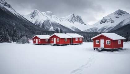 Red wooden cabins stand deep in snow surrounded by snow capped mountains and evergreen forests under a cloudy sky