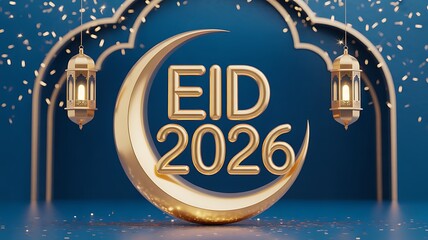 Celebrate eid 2026 with golden moon and lanterns