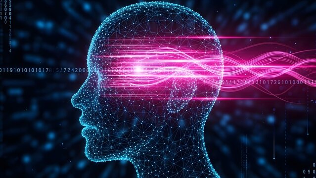 Artificial intelligence and human brain neural network. Machine learning and cognitive science. Silhouette of a digital head with glowing pink light trails and binary code data.