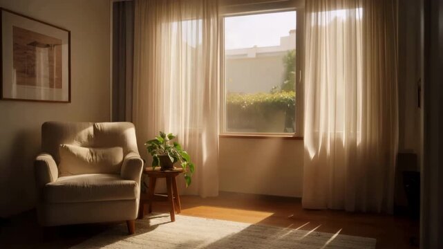 Bright and cozy reading corner with a soft armchair, potted plant, and sunlight filtering through sheer curtains. Great for themes of comfort, quiet living, home interior, and peaceful atmosphere.