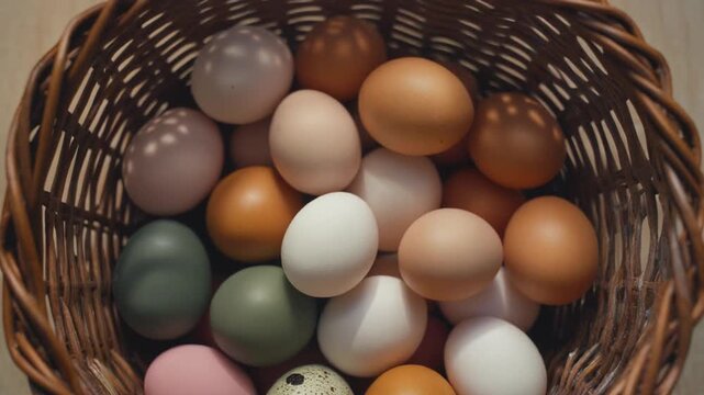A collection of assorted colored eggs in a wicker basket viewed from above