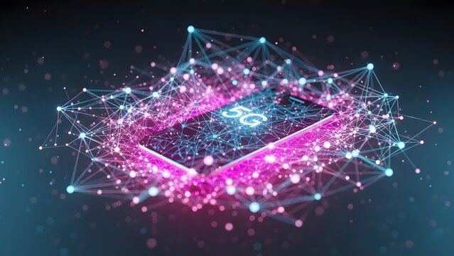 Fast 5G wireless network and global mobile connectivity. High speed internet and data exchange. Smartphone surrounded by a glowing pink and blue mesh of nodes and connection lines