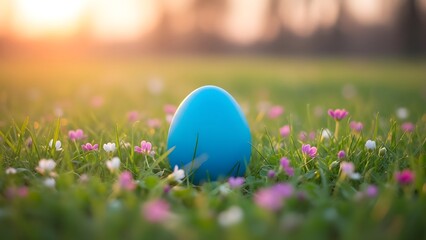Easter eggs in spring summer vacation travel a blue egg in blooming grass